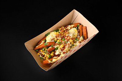 Батат фрі з кукурудзою та пармезаном під сирним соусом - Мястория